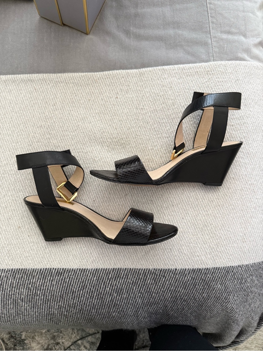 Louise et Cie Black Wedge Sandals with Gold Buckle Accent